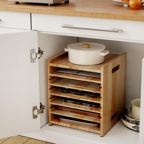 HAIDAIYA 7 Tiers Cookie Sheet Organizer for Cabinet, Wooden Tray Dividers for Kitchen Cabinets Baking Sheet Pan Organizer, for Heavy Pans, Cutting Board, Bakeware, Kitchen Cupboard Storage, Solid Wood