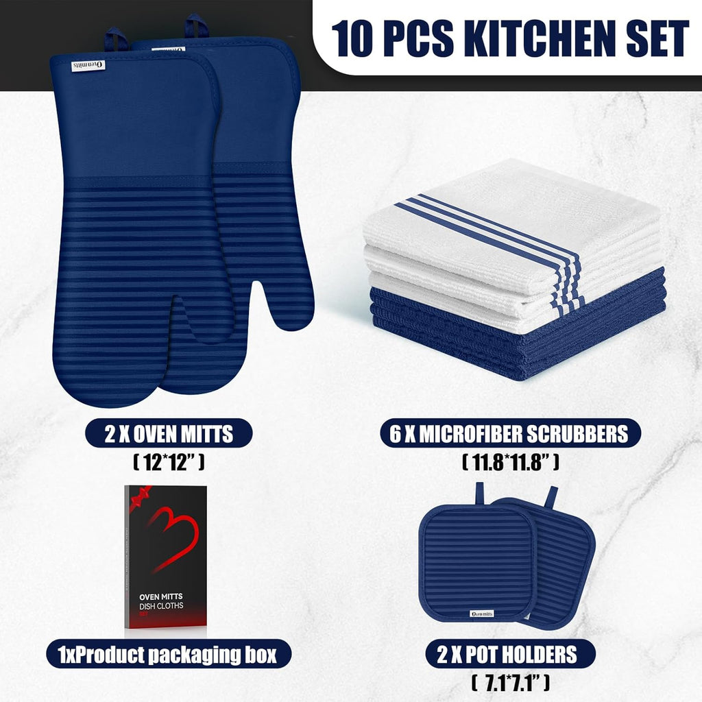 Skiennix Oven Mitts and Pot Holder Set - 500°F Heat Resistant Silicone Grip | 6 Pack Dish Towels - Marine Blue Kitchen Essentials