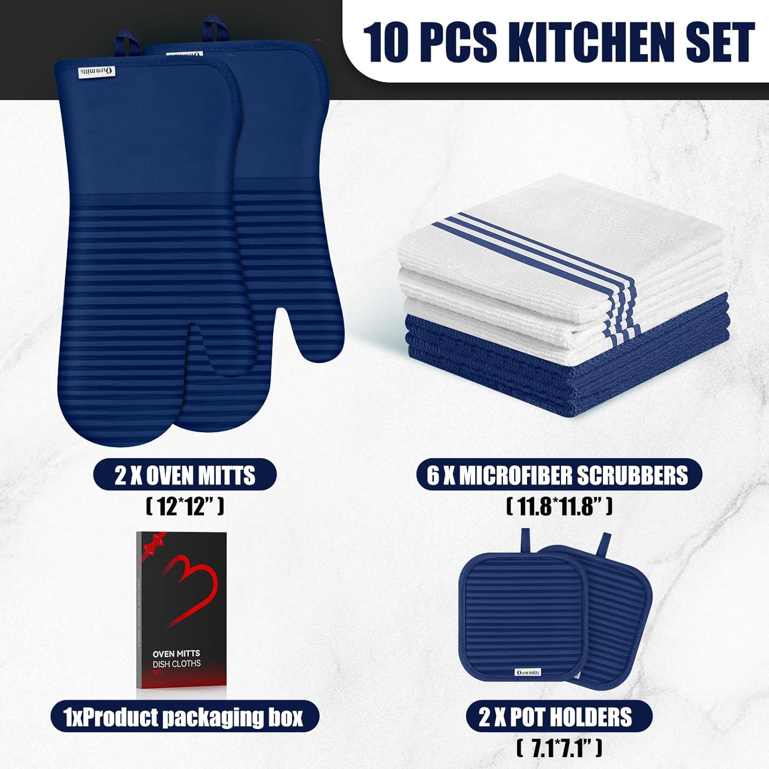 Skiennix Oven Mitts and Pot Holder Set - 500°F Heat Resistant Silicone Grip | 6 Pack Dish Towels - Marine Blue Kitchen Essentials