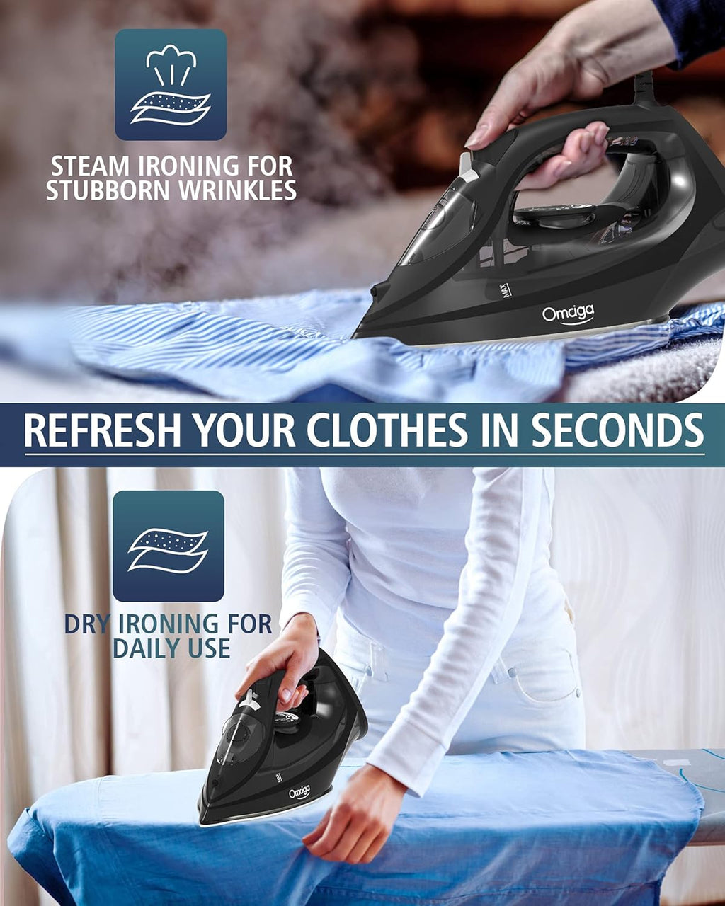 OMAIGA 1500W Steam Iron - Rapid Heating, Non-Stick Ceramic Soleplate, Auto-Off | Black