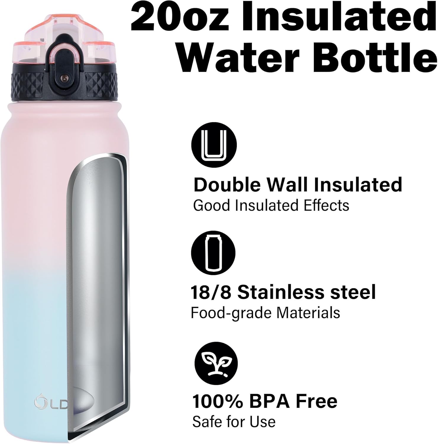 Oldley Insulated Water Bottle - 20oz Stainless Steel with 3 Lids | Double Wall Vacuum for Adults & Kids - Light Pink-Blue