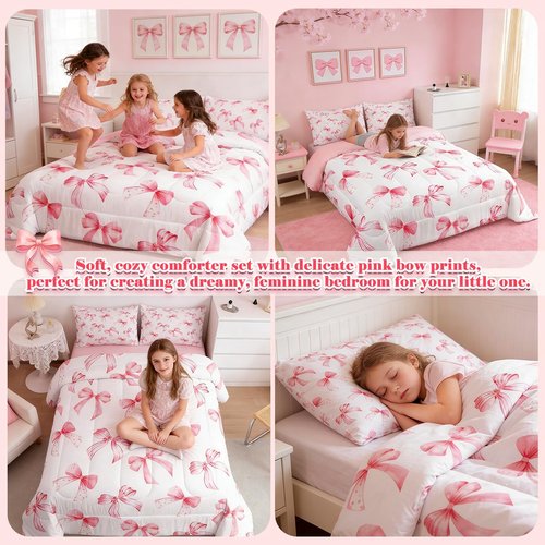 Feelyou Kawaii Pink Bow Bedding Set for Kids Boys Girls Twin Size Cute Dreamy Princess Style Comforter Set Ultra Soft Bow Pattern Comforter Cute Coquette Bow Knot Duvet Quilt Bedroom Decor Quilt