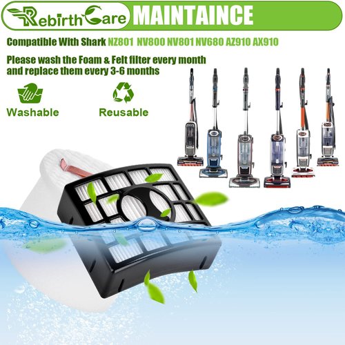 Rebirthcare NV680 Filter Replacement for Shark Rotator DuoClean Powered Lift Away Speed Vacuum NV681 NV682 NV683 NV800 NV801 NV803 UV810, Compare to Part # XFF680 & XHF680, 2 Filters + 4 Foam Felt Kit