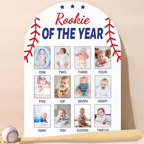 Baseball First Year Photo Board Rookie of the Year Birthday Party Decoration Wooden Board 12 Monthly Milestone Picture Frame Sport 1st Birthday Banner for Babyboy Keepsake Gift Supply(Fit 2x2.8in Pic)