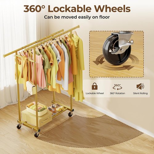 HYSEYY Double Rod Clothes Rack - Sturdy Portable Garment Rack for Hanging Clothes | Gold Finish