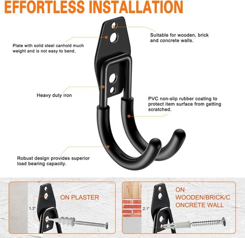 HUPBIPY Heavy Duty Garage Hooks - J Shaped Wall Mounted Tool Organizer | 6 Pack for Ladders, Bikes, and More