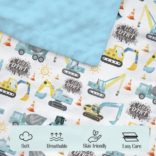 EyMzcod Mink Baby Boy Blankets Blue Yellow Construction Vehicle, A Little Dirt Never Hurt Double Layer Dotted Backing Receiving Swaddle, Newborn Infant Toddler Nursery Crib Bedding Shower Gift 30 x 40