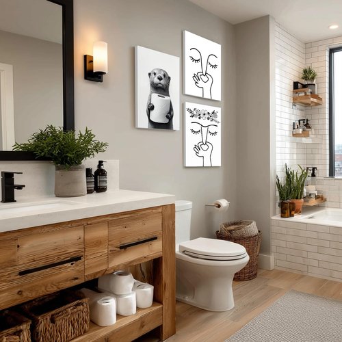 IAFWZX Funny Bathroom Wall Art - Black and White Otter Holding Toilet Paper | Cute Canvas Decor 12"x16"