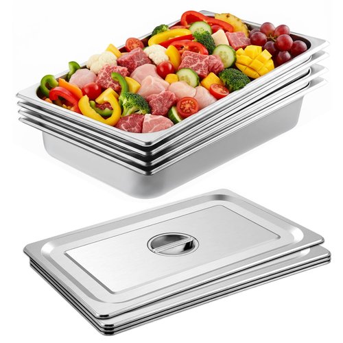 Hotel Pans Deep Steam Table Full Size Pan Set, Steam Table Pans with Lids, Stainless Steel Commercial Food Storage Containers Stackable Metal Steamer Pan (2.5" Deep 4 Pack, 1/1 Size)