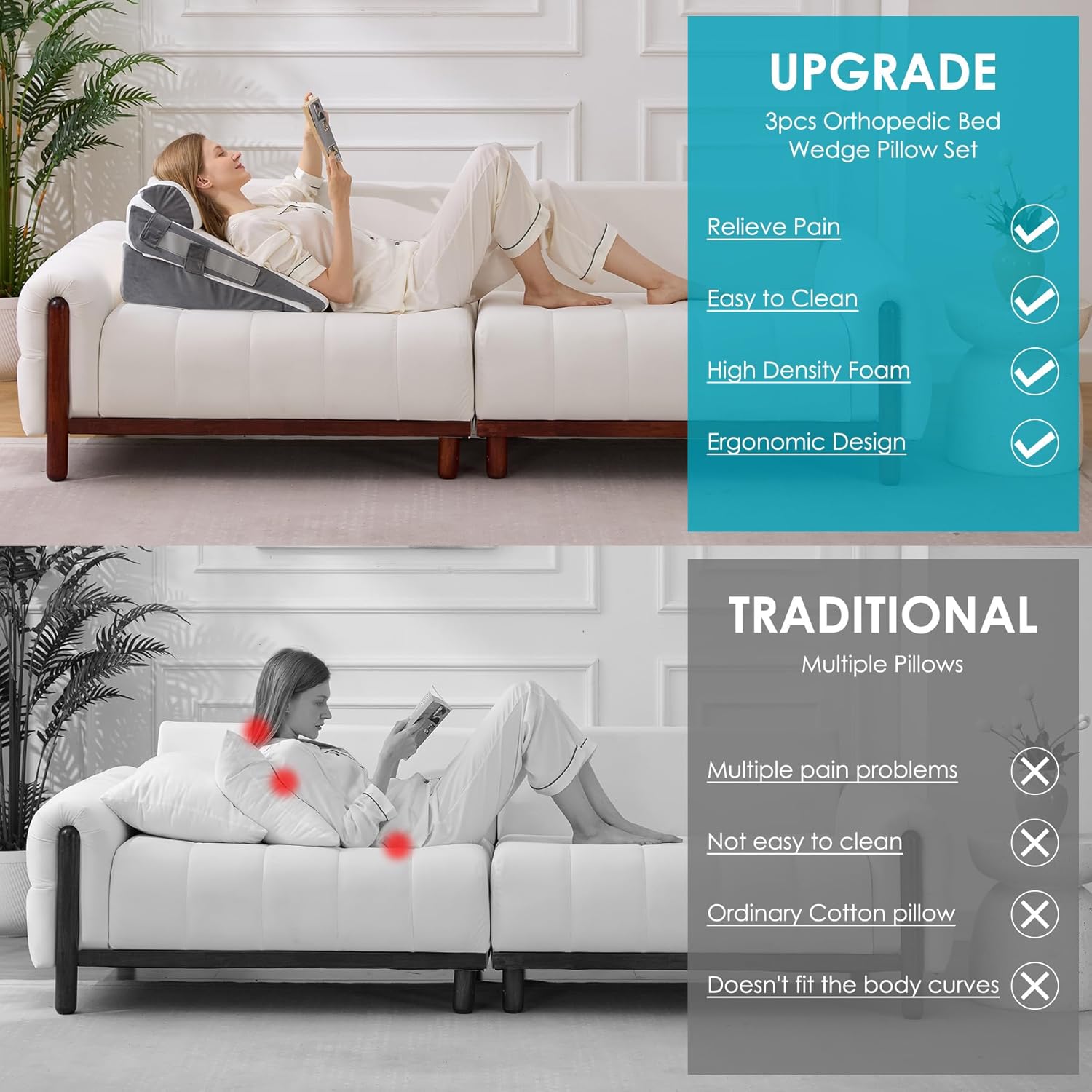Skiennix Wedge Pillow Set - Adjustable Memory Foam for Acid Reflux Relief | 3-Piece White & Grey