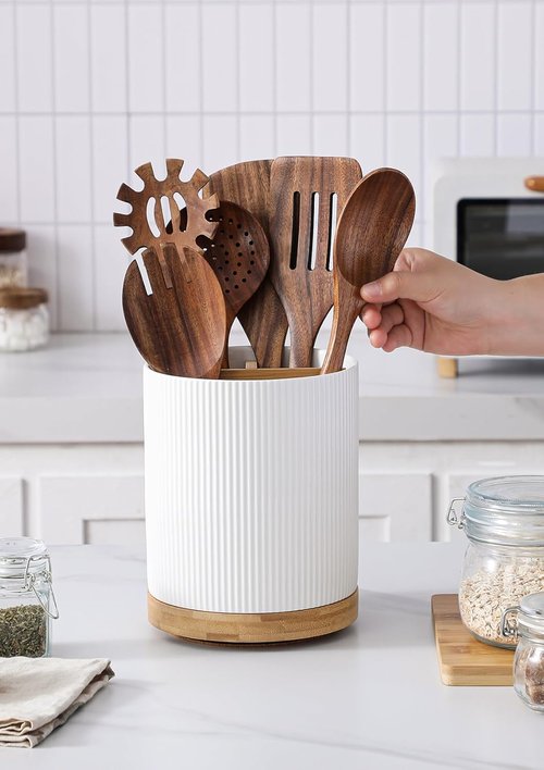 LoeJan Ceramic Utensil Holder - 3 Compartment Design with Cork Bottom | Large White Vertical Stripe Crock for Kitchen Counter
