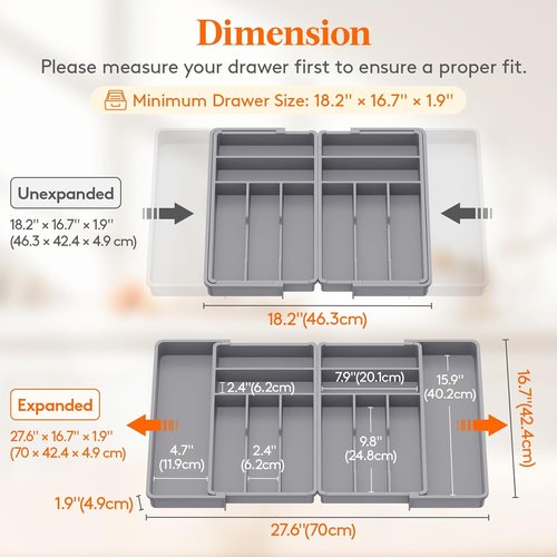 Lifewit Silverware Drawer Organizer, Expandable BPA Free Plastic Utensil Tray for Kitchen, Adjustable Flatware Cutlery Holder for Spoons Forks Knives, 18- 28 x 16.7", Gray