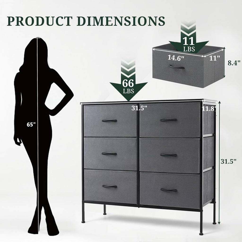 Skiennix 6-Drawer Dresser - Stylish Anti-Tip Storage Organizer with Wooden Top & Metal Frame | Gray