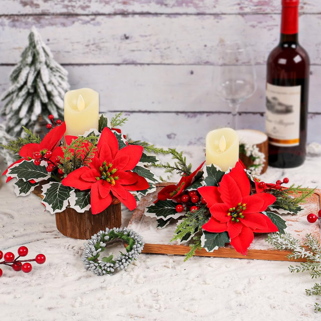 Regine Switzerland Christmas Candle Rings - Artificial Red Poinsettia & Pine Holders | 2 Pcs for Holiday Decor