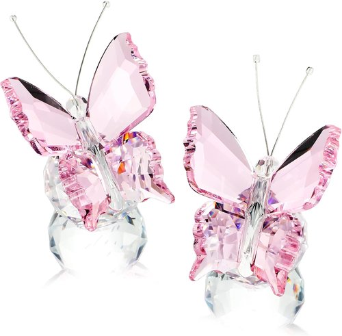 Kanpura Crystal Butterfly Figurines - Elegant Glass Statues with Clear Ball Base | 2 Pcs Set in Pink for Home Decor