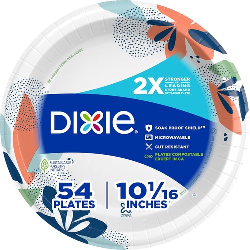 Dixie Large Paper Plates - 10 Inch, 54 Count | 2X Stronger, Microwave-Safe & Soak-Proof Disposable Plates