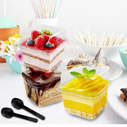 Alaeseje 60 Pack 8 oz Plastic Dessert Cups with Lids and Spoons,Square Parfait Cups Disposable Cake Containers with Lid for Ice Cream,Pudding,Yogurt Fruit,Mousse