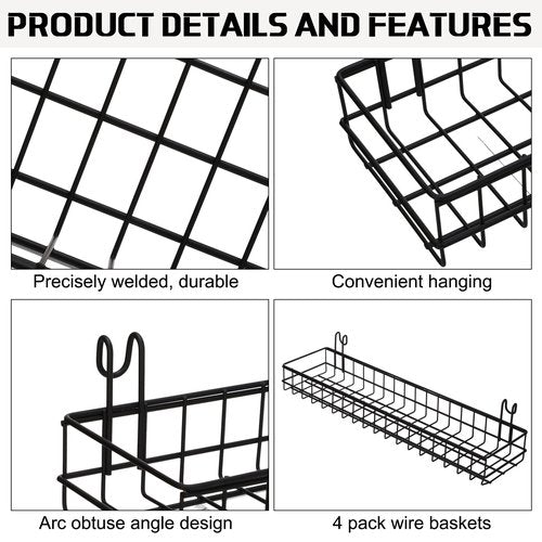 Blulu 6 Pcs Black Wire Baskets Hanging Wire Basket with Hooks Black Wall Grid Panel Metal Wall Basket Organizer for Storage Bathroom Plants Kitchen