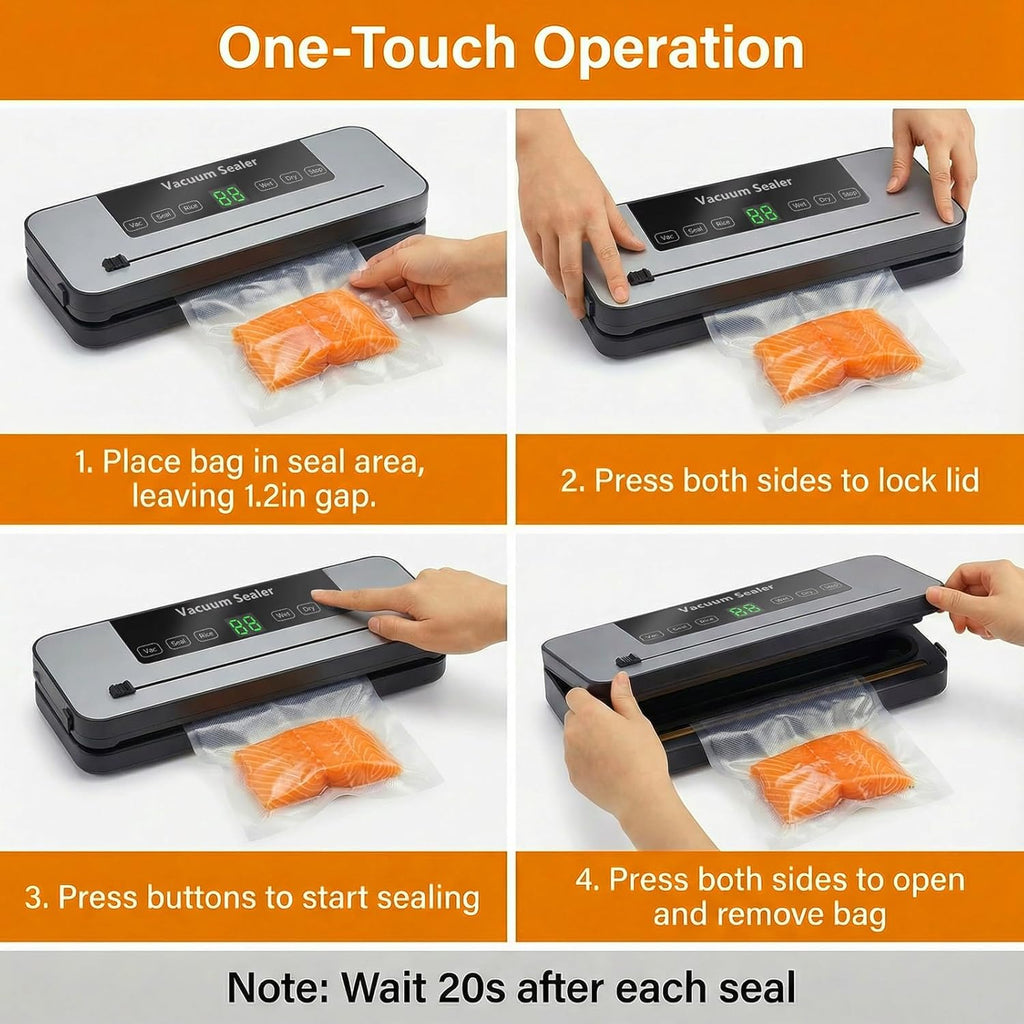 Vacuum Sealer Machine - Skiennix 6-in-1 Automatic Food Sealer with Built-in Cutter & 30 Bags | Compact for Freezer Preservation