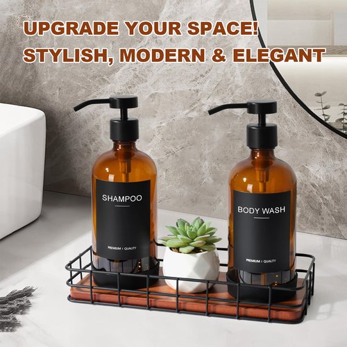 Kitchen Soap Dispenser Set with Tray, Amber Glass Soap Dispensers with Iron Basket, Decorative Hand and Dish Soap Dispenser Set, Soap and Lotion Dispensers for Kitchen and Bathroom Storage Organizer