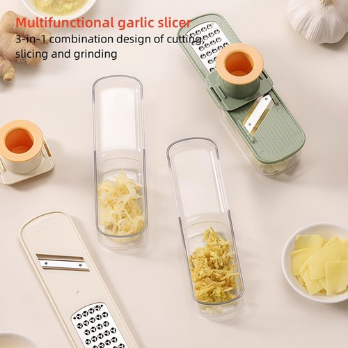 1PCS 3-in-1 Multifunctional Garlic Grinder– Stainless Steel Slicer/Shredder/Grinder with Hand Guard, Transparent Container & Blade Storage,Safe Food Slicer, Easy to Use & Clean