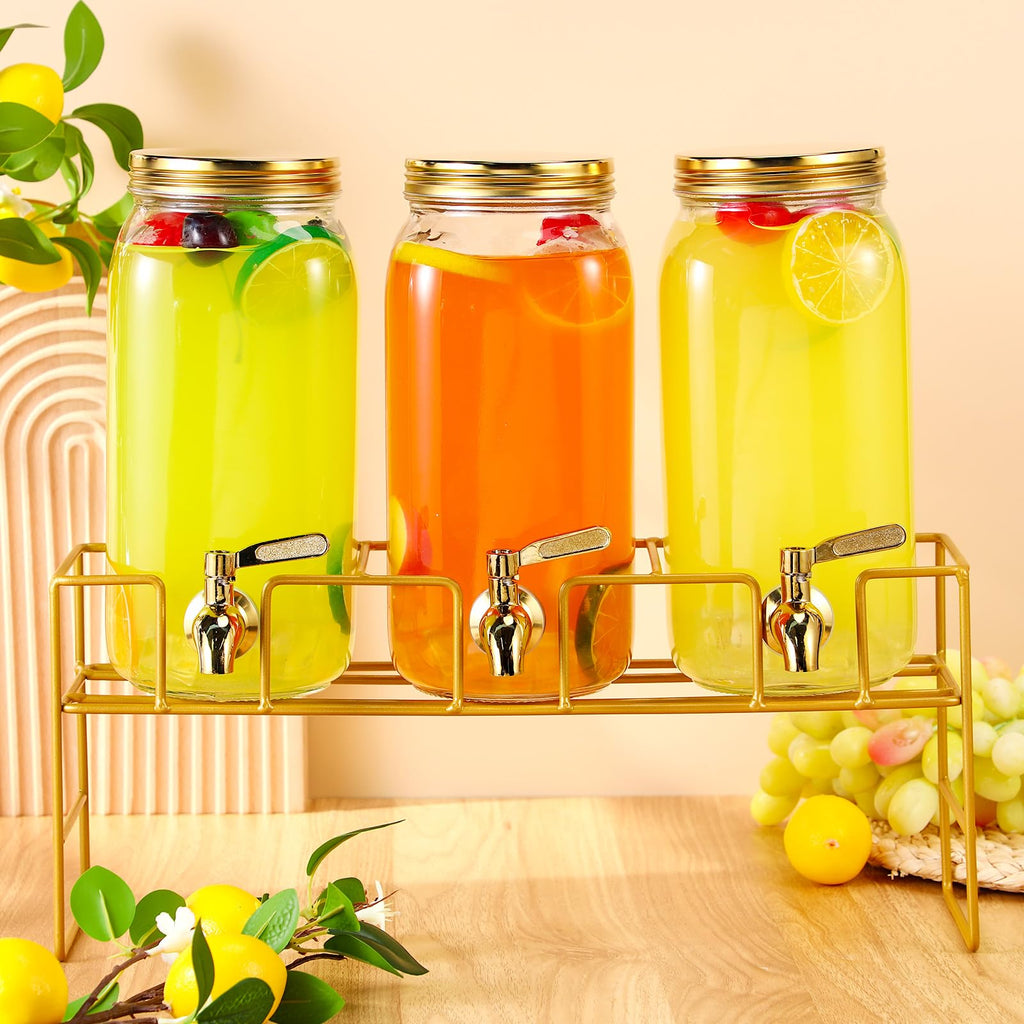 RimCereal 3 Pack 80 oz Glass Beverage Dispenser with Stand Clear Mason Jar Water Dispenser for Party, Fridge Includes Leakproof Stainless Steel Spigot, Black Lid and Label (Gold)