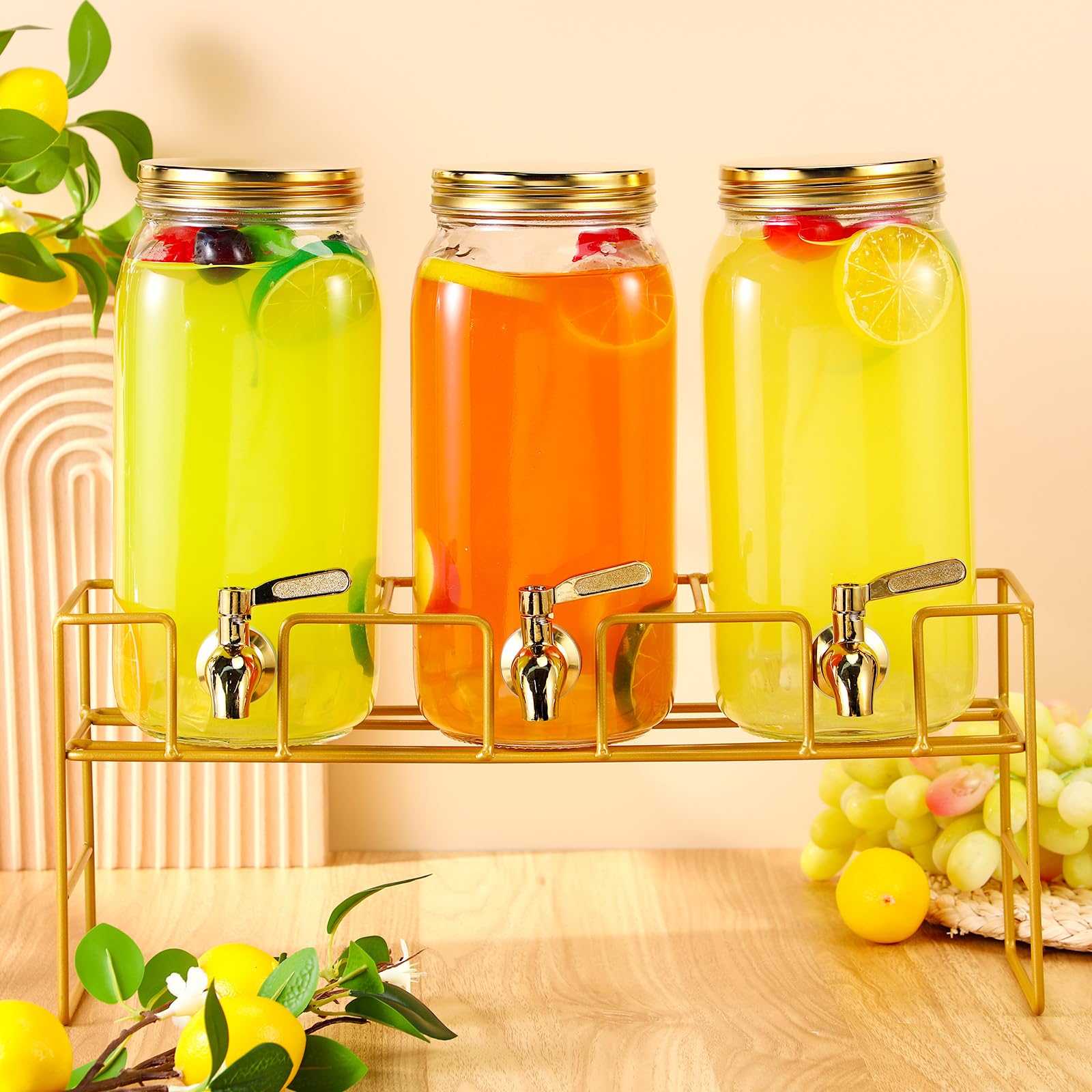 RimCereal 3 Pack 80 oz Glass Beverage Dispenser with Stand Clear Mason Jar Water Dispenser for Party, Fridge Includes Leakproof Stainless Steel Spigot, Black Lid and Label (Gold)