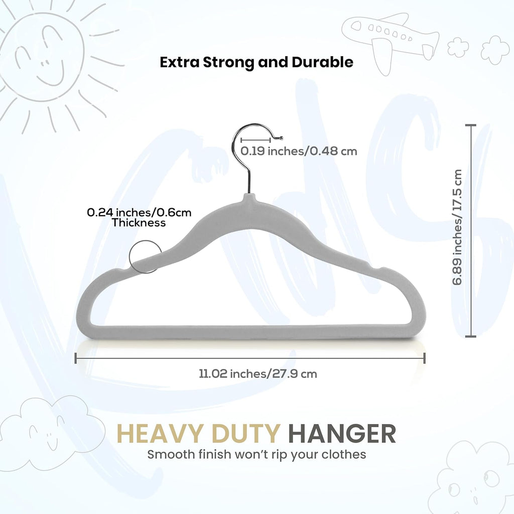 Utopia Home Velvet Hangers - 50 Pack Non-Slip 11 Inch Baby & Toddler Closet Organizers | Durable Grey