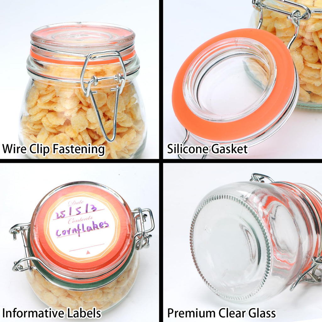 Flrolove 5oz 6pack Glass Jars with Airtight Lid, Glass Food Storage Containers with Lids, Mason Jars, Wire Clip Fastening for Cereal, Flour, Cookie, Spice, Honey, Kitchen Canning