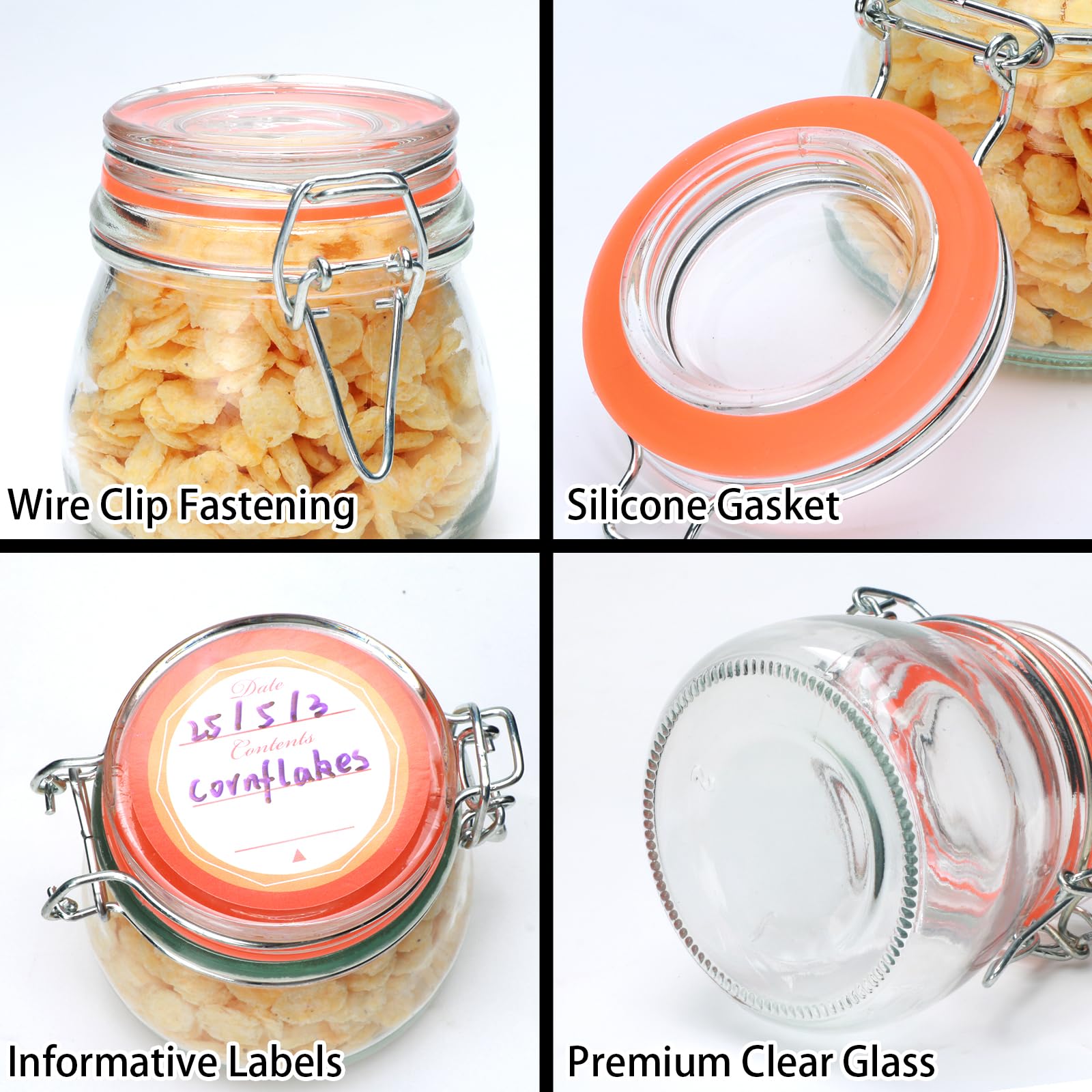 Flrolove 5oz 6pack Glass Jars with Airtight Lid, Glass Food Storage Containers with Lids, Mason Jars, Wire Clip Fastening for Cereal, Flour, Cookie, Spice, Honey, Kitchen Canning