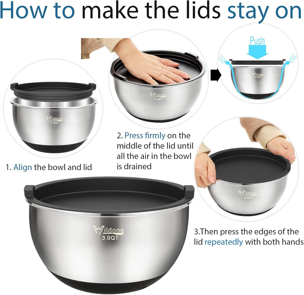 Wildone Mixing Bowls Set of 5 - Stainless Steel with Airtight Lids & Non-Slip Silicone Bottoms | 1.5 to 8 QT