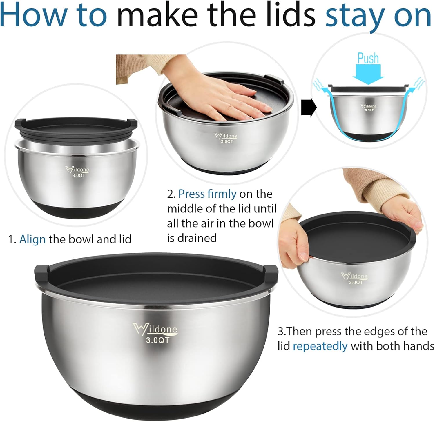 Wildone Mixing Bowls Set of 5 - Stainless Steel with Airtight Lids & Non-Slip Silicone Bottoms | 1.5 to 8 QT