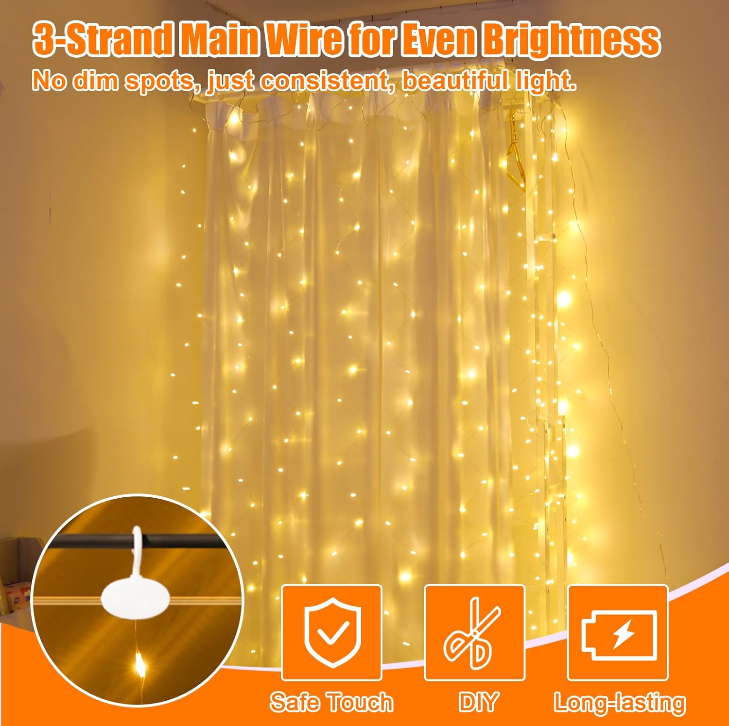 Skiennix 600 LED Curtain Lights - 19.6ft x 9.8ft Fairy String Lights with 24 Hooks | 8 Modes for Wedding, Party, Xmas Decor, Warm White