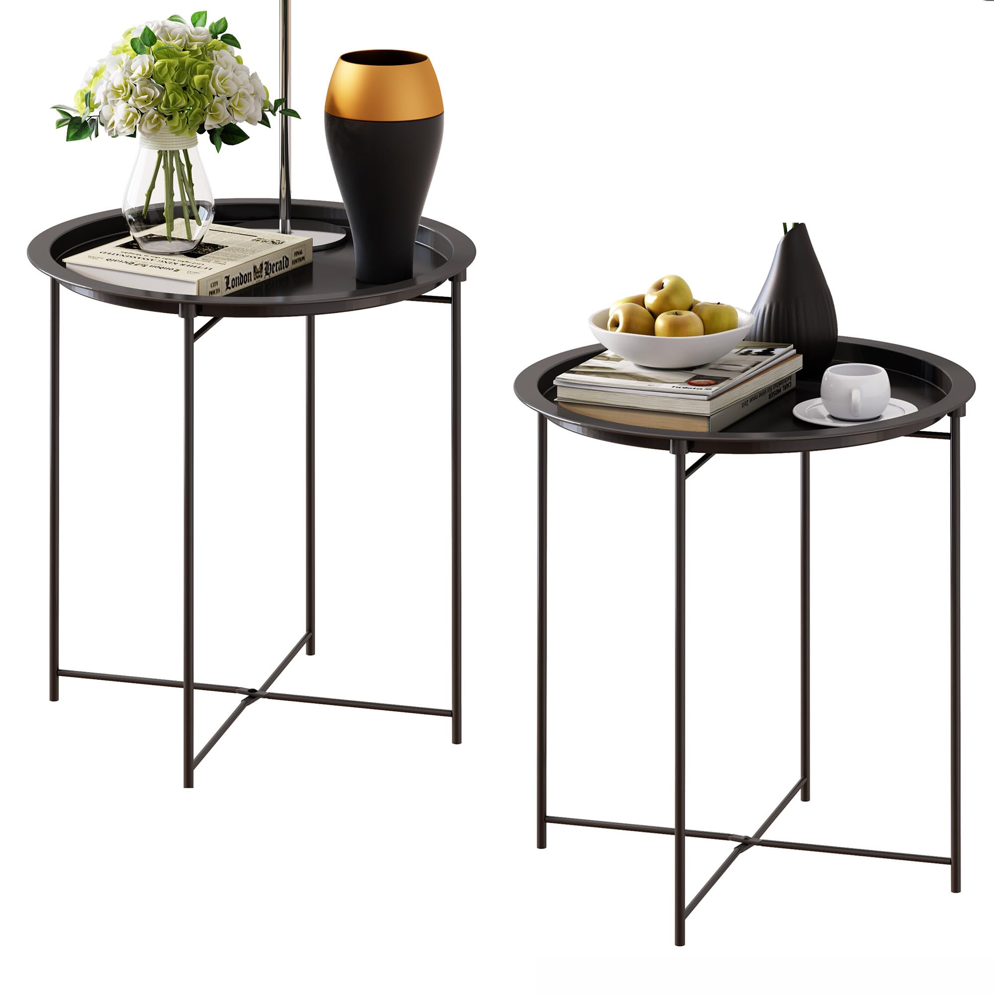 Elitehouse End Table Set of 2,Outdoor Side Table, Small Patio Round Folding Metal Black Side Tables for Outdoor,Living Room,Balcony and Office,Φ18.5" x 19.9"H，2 PCS