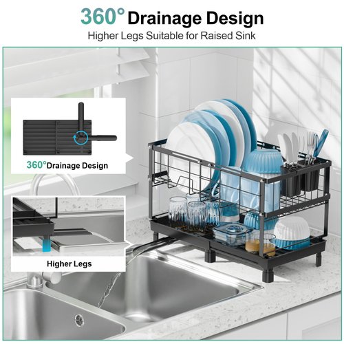 GSlife Large Dish Drying Rack - 2 Tier Dish Rack for Kitchen Counter, Expandable Capacity Dish Drainer Rack with Removable Cutlery Holder, 15.7''-20.7''L x 9.8" D x 13.4" H, Black