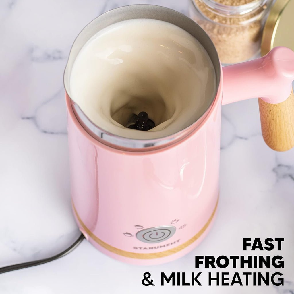 Starument Electric Milk Frother - Automatic Foamer & Heater for Coffee, Latte, Cappuccino, Other Creamy Drinks 4 Settings Cold Foam, Airy Dense Foam Warm Easy to Use, Pink, 8x4x5 inches (MS-MF)
