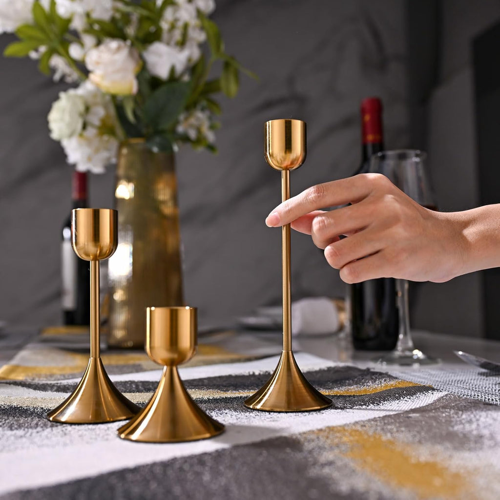 Skiennix Candle Holder - Heavy Base for Elegant Room Décor | Shiny Copper, 3-Piece Set