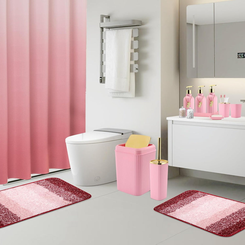 WSBArt 32PCS Bathroom Set - Pink Shower Curtain, Rugs & Trash Can - Complete Bathroom Accessories