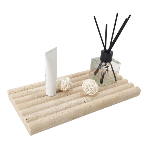Jusmioke Natural Travertine Marble Tray for Bathroom Countertop Organizer,Vanity Decorative Stone Tray for Candles, Perfume, Jewelry Dish Ring Tray (Beige)