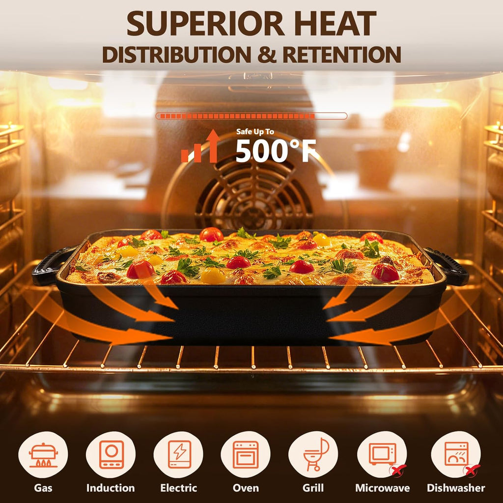 Cast Iron Detroit Pizza Pan - Pre-Seasoned 9x13 Inch Deep Baking Dish for Casserole & Lasagna