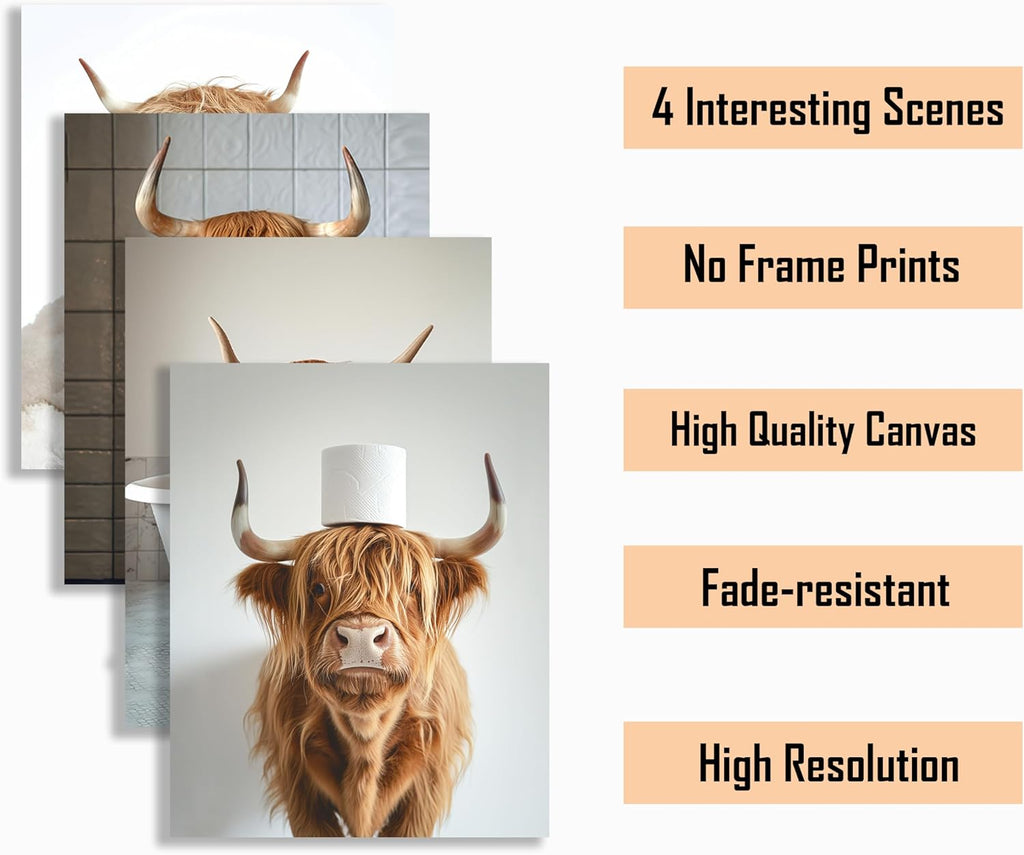ZXDZSM Highland Cow Wall Art - Funny Bathroom Decor Canvas Prints | Unframed 8x10 Inch, Set of 4