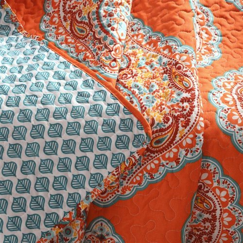 Lush Decor Harley Reversible Throw - 50" W x 60" L, Tangerine Modern Bohemian Paisley Print Quilted Blanket - Boho Throw for Bed, Couch, Or Chair