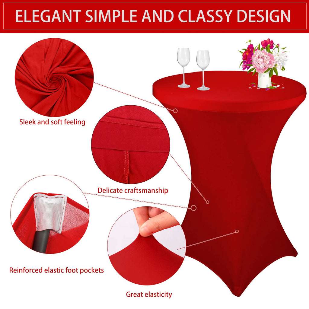 JALANCY 6 Pack Cocktail Spandex Tablecloth 32"x43" Red Stretch Square Corners Cocktail Table Cover Fitted High Top Round Table for Bar Wedding Birthday Party Banquet