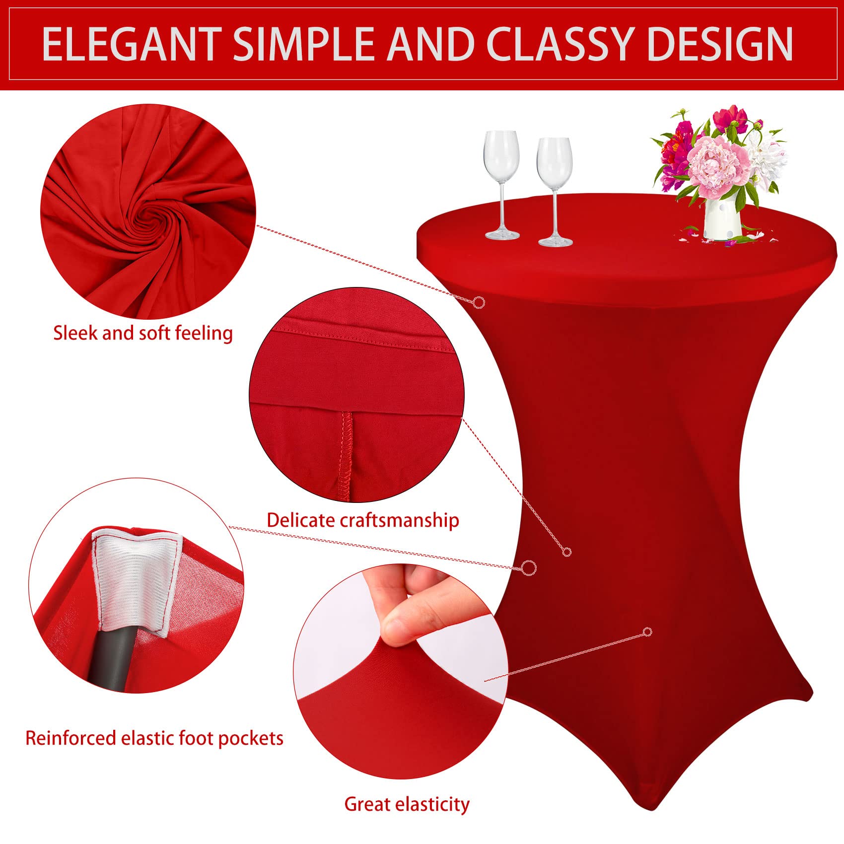 JALANCY 6 Pack Cocktail Spandex Tablecloth 32"x43" Red Stretch Square Corners Cocktail Table Cover Fitted High Top Round Table for Bar Wedding Birthday Party Banquet