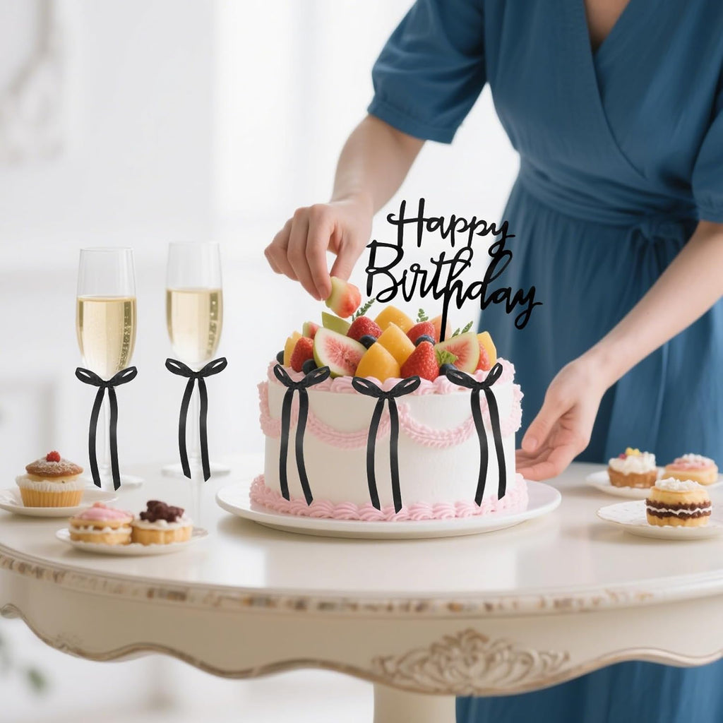Skiennix 7 Pcs Black Bow Cake Toppers - Elegant Happy Birthday & Wedding Decorations