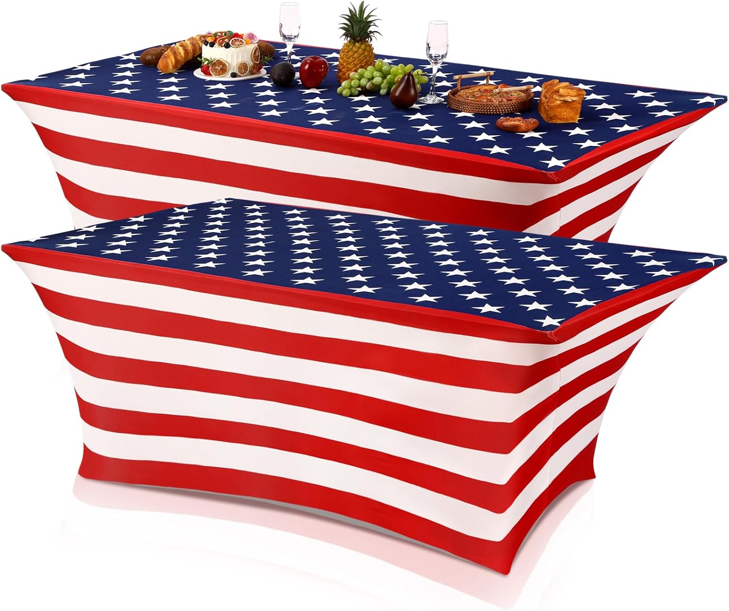 Oudain 2 Pcs Stretch Table Covers - Patriotic Red, White & Blue Spandex for 4th of July Celebrations | 6 Feet