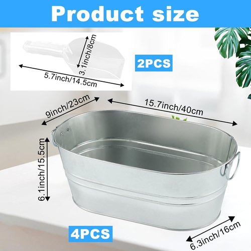 4PCS 3 Gallon Galvanized Tub Champagne Bucket with Carry Handle Large Metal Drink Buckets with Scoops for Home Bar Beer Champagne Cocktails Cooling Supplies