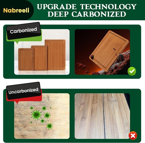 Bamboo Cutting Board Set - Carbonized Wood Chopping Boards with Juice Groove & Non-Slip Feet | Large Wooden Boards for Meat & Cheese