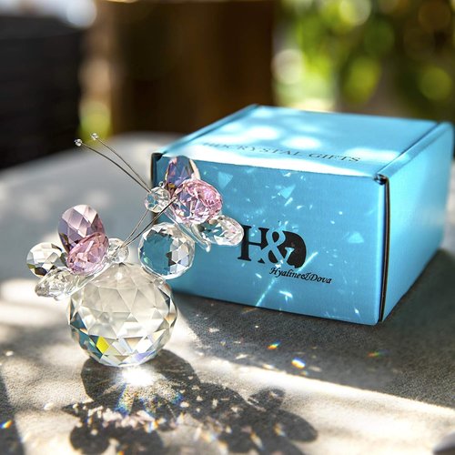 H&D Hyaline & Dora Pink Crystal Cut Double Butterfly Figurine - Handmade Art Glass Collectible Gift