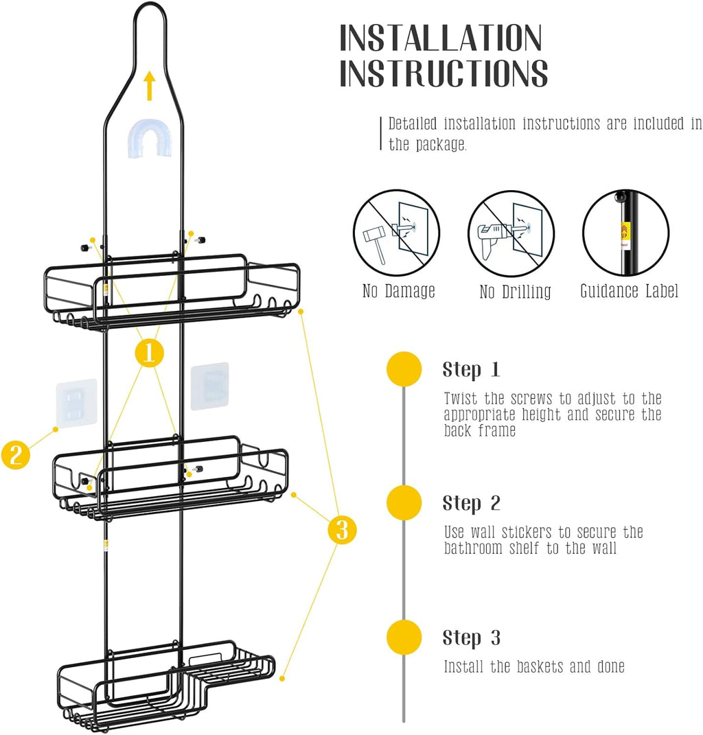 Skiennix Shower Caddy - Adjustable Overhead Organizer for Tall Showerheads | Extra Large Storage for Shampoo & Soap
